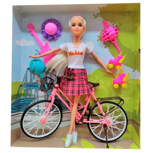 Muñeca Tiny Fantasy con Bicicleta, Rollers y Accesorios Remera Blanca