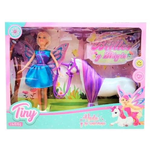 Muñeca Tiny Fantasy Hada y su Unicornio Vestido Celeste y Violeta