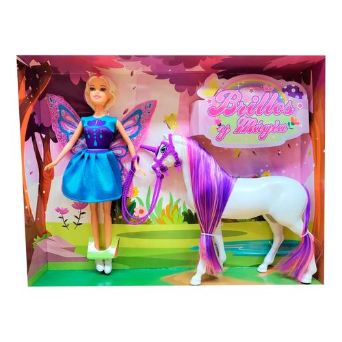 Muñeca Tiny Fantasy Hada y su Unicornio Vestido Celeste y Violeta