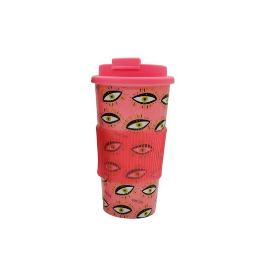 Vaso Térmico Plástico Con Diseño De Ojos Con Agarre De Silicona Fucsia