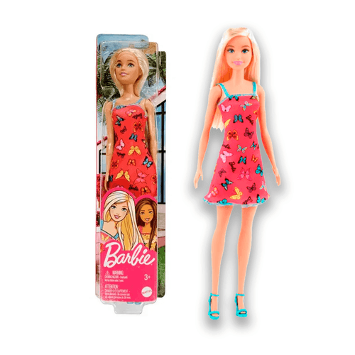 Muñeca Barbie Básica Original Vestido Mariposas Rosa