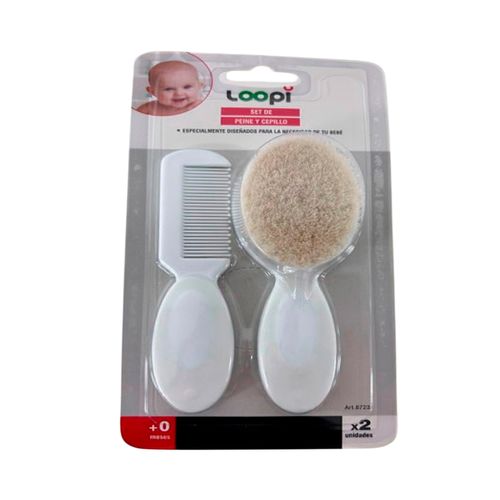 Set Peine y Cepillo Cerdas Naturales Para Bebes +0m Blanco Loopi