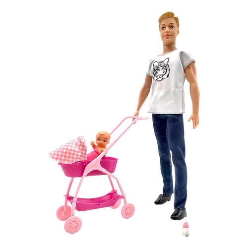 Muñeco Thiago Papá Incluye Bebé Con Carrito Simil Ken