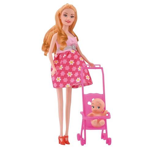 Pretty Mami Muñeca Embarazada Con Bebe Vestido Rosa Flores