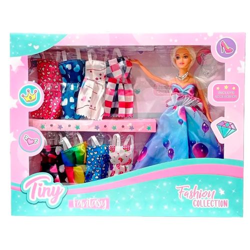 Muñeca Tiny Fashion Con Vestido Celeste Y Globos
