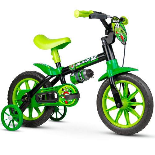 Bicicleta Rodado 12 Black Negra y Verde Con Rueditas y Cantimplora