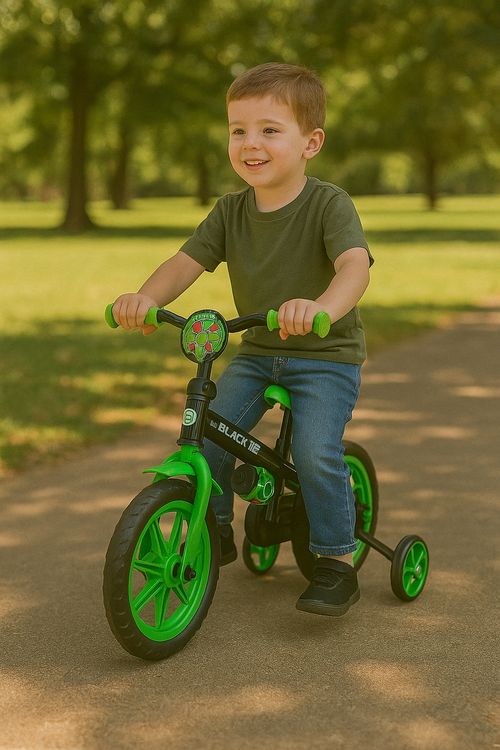 Bicicleta Rodado 12 Black Negra y Verde Con Rueditas y Cantimplora