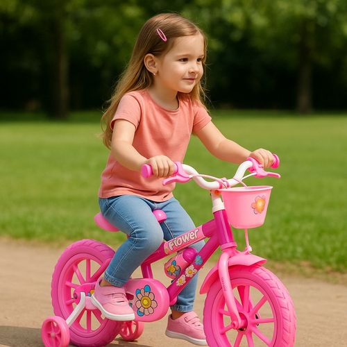 Bicicleta Rodado 12 Flower Con Rueditas, Canasto y Cantimplora
