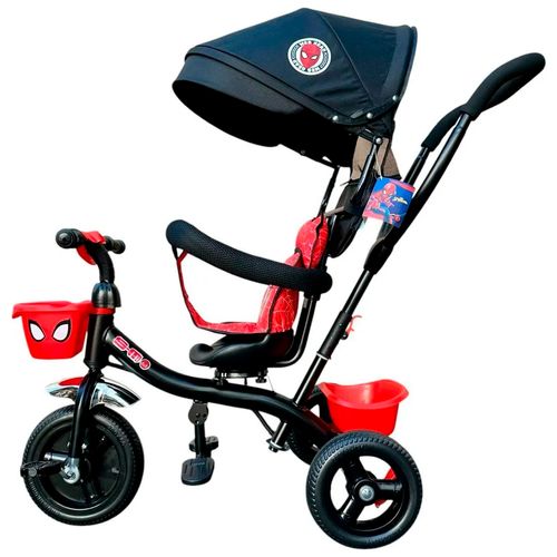 Triciclo De Lujo Con Manija Asiento Giratorio y Bolso Spiderman Negro Y Rojo