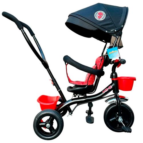 Triciclo De Lujo Con Manija Asiento Giratorio y Bolso Spiderman Negro Y Rojo