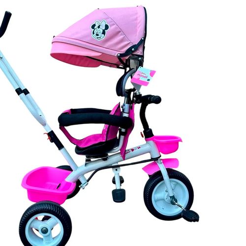 Triciclo Minnie Con Capota Asiento Giratorio Y Manija Rosa Y Negro