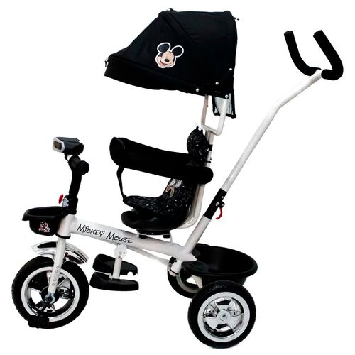 Triciclo De Lujo Con Manija Asiento Giratorio y Bolso Mickey Blanco Y Negro