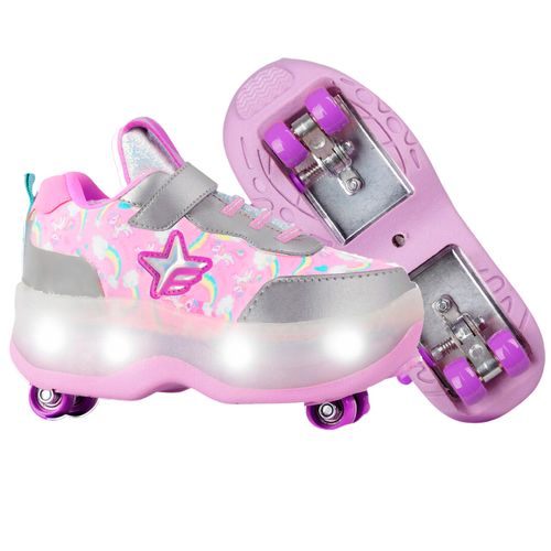 Zapatillas Patines Footy Con Luces Plateado Con Violeta T30