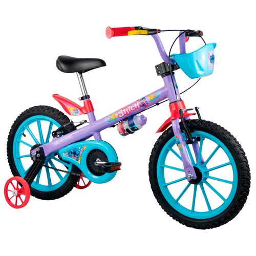 Bicicleta Rodado 16 Stitch con Neumáticos de Camara, Canasto, Rueditas y Cantimplora