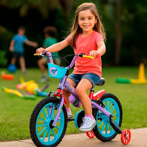 Bicicleta Rodado 16 Stitch con Neumáticos de Camara, Canasto, Rueditas y Cantimplora