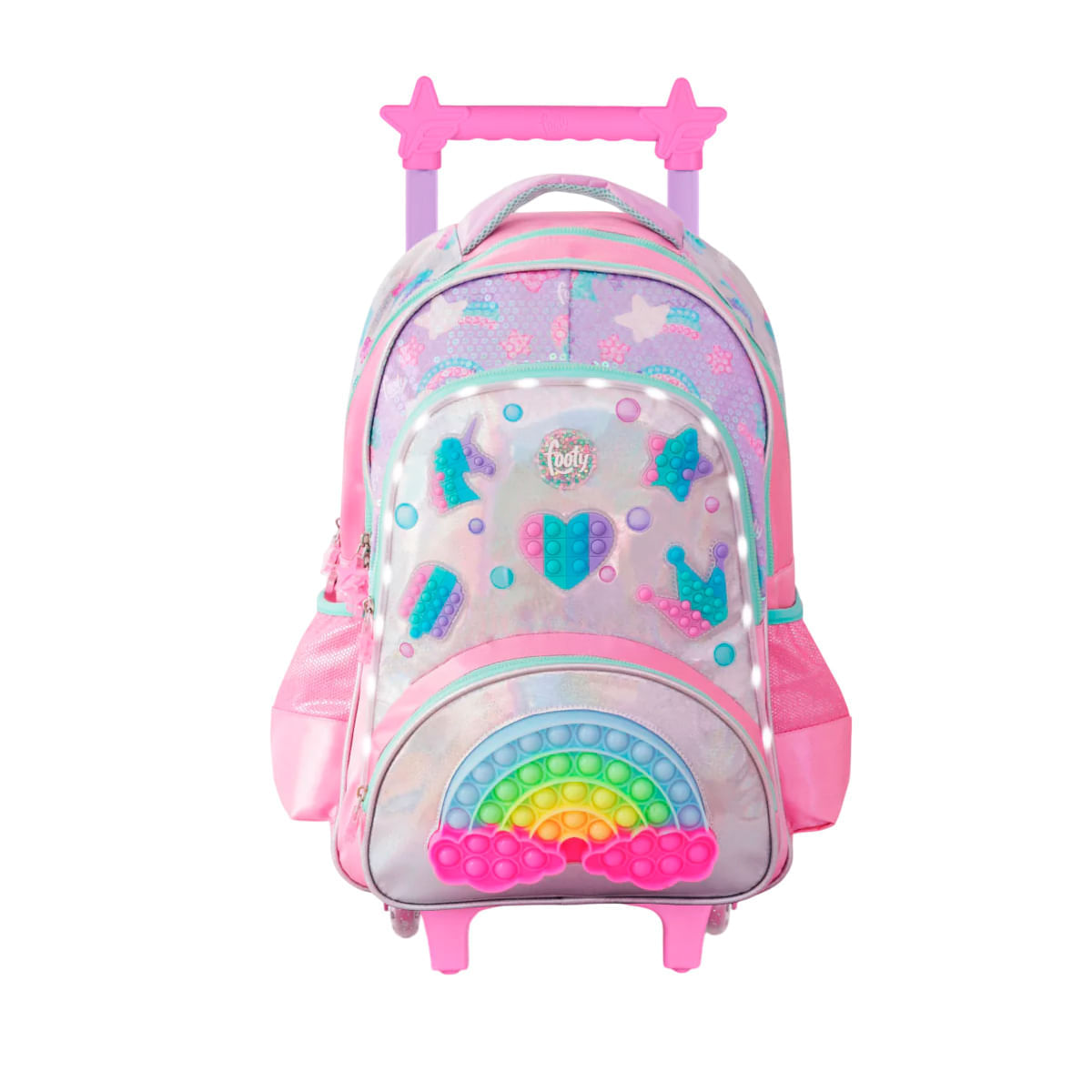 Mochila Carrito 18 Footy Rainbow Pop It Con Luz Led Color Rosa