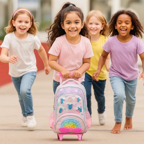 Mochila Carrito 18 Footy Rainbow Pop It Con Luz Led Color Rosa