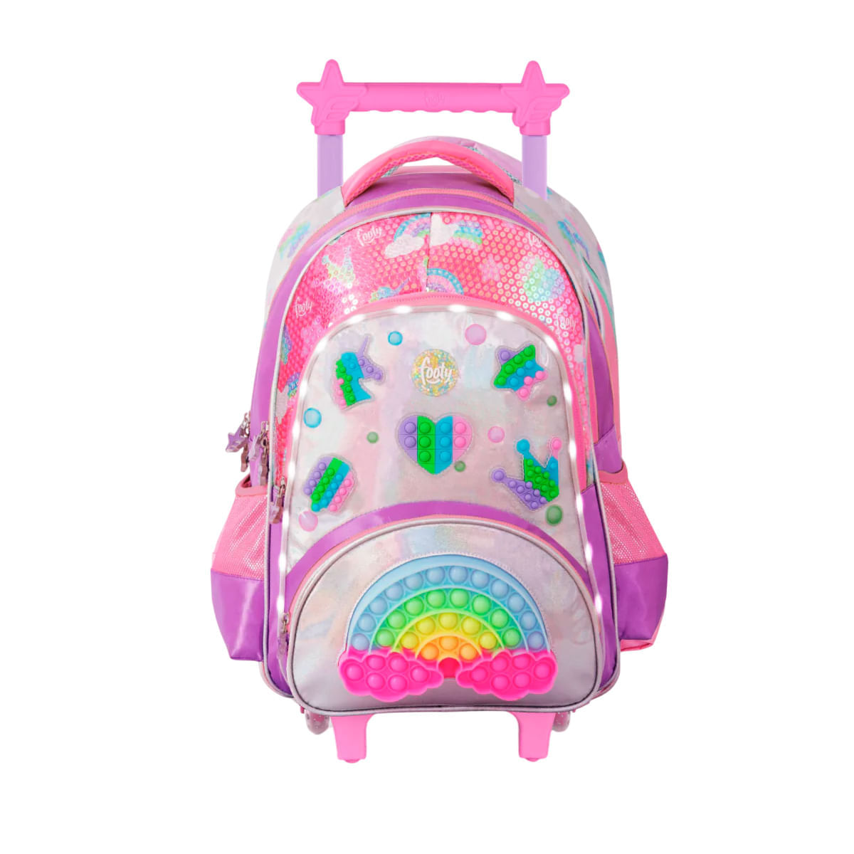 Mochila Carrito 18 Footy Rainbow Pop It Con Luz Led Color Lila