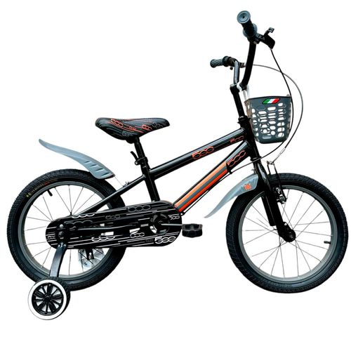 Bicicleta Rodado 16 Fiat 500 Negro Y Naranja Con Rueditas Y Canasto