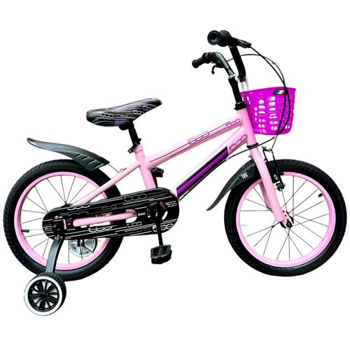Bicicleta Rodado 16 Fiat 500 Negro Y Rosa Con Rueditas Y Canasto