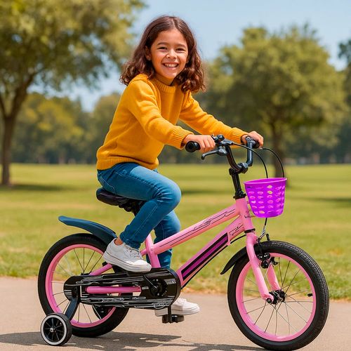Bicicleta Rodado 16 Fiat 500 Negro Y Rosa Con Rueditas Y Canasto