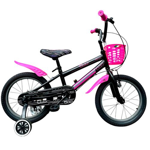 Bicicleta Rodado 16 Fiat 500 Negro Y Fucsia Con Rueditas Y Canasto