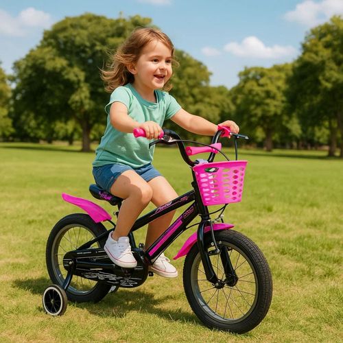 Bicicleta Rodado 16 Fiat 500 Negro Y Fucsia Con Rueditas Y Canasto
