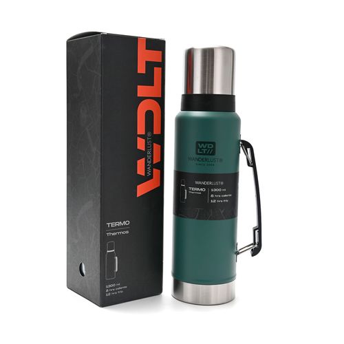 Termo Acero Inoxidable 1,3 L. Pico Cebador Frio Calor Wanderlust Verde