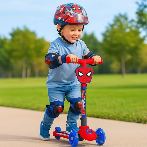 Monopatin Spiderman Plegable Con Luces Incluye Casco, Rodilleras y Coderas Ruedas Azules