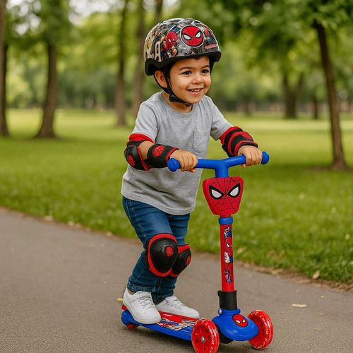 Monopatín Spiderman Plegable + Kit Casco Y Protecciones Con Ruedas Rojas