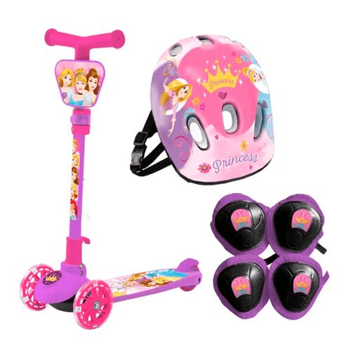Monopatín Princesas Plegable con luces. Incluye Casco, Rodilleras y Coderas. Lila