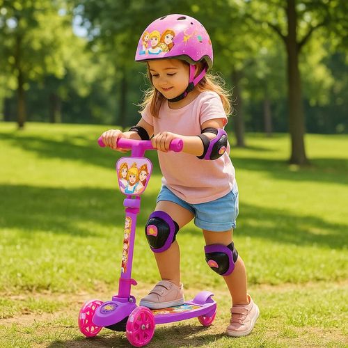 Monopatín Princesas Plegable con luces. Incluye Casco, Rodilleras y Coderas. Lila