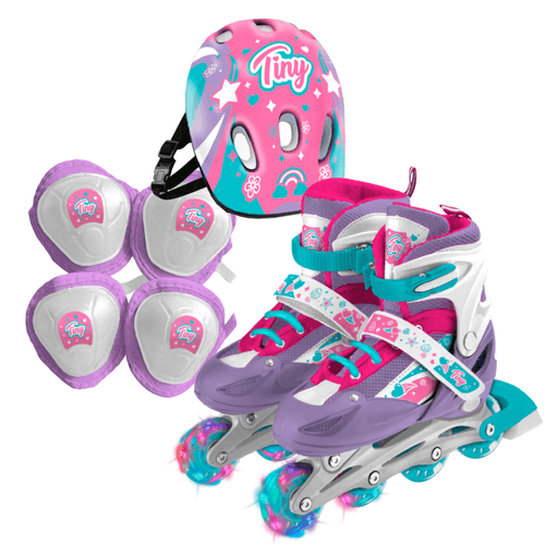 Rollers Tiny 3 en 1 con Luces y Ruedas Intercambiables Incluye Casco, Rodilleras y Coderas Talle M Lila