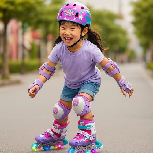 Rollers Tiny 3 en 1 con Luces y Ruedas Intercambiables Incluye Casco, Rodilleras y Coderas Talle M Lila
