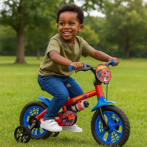 Bicicleta Rodado 12 Marvel Spiderman Azul y Rojo con Rueditas y Cantimplora