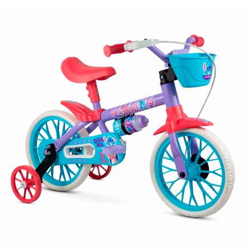 Bicicleta Rodado 12 Disney Lilo & Stitch Violeta y Turquesa con Rueditas, Canasto y Cantimplora