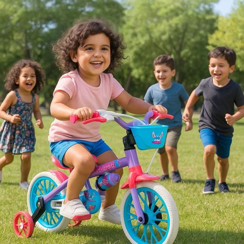 Bicicleta Rodado 12 Disney Lilo & Stitch Violeta y Turquesa con Rueditas, Canasto y Cantimplora