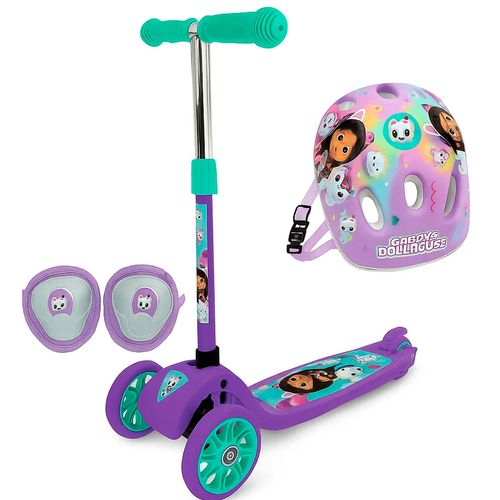 Monopatin plegable Gabby Doll House Con Casco y Protecciones Lila