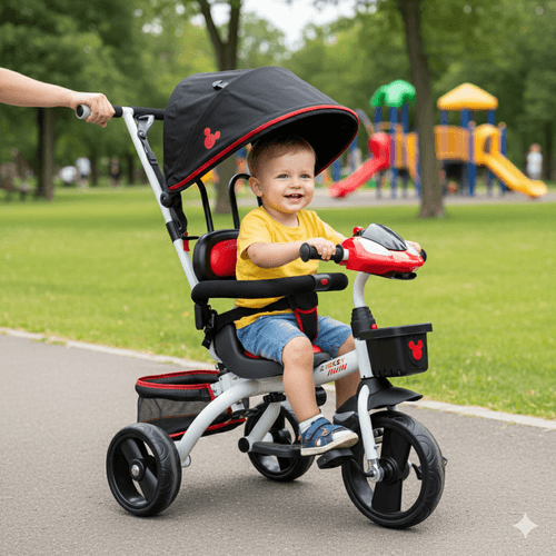 Triciclo De Mickey Mouse Con Manija Y Toldo Con Luz Y Sonido Negro Y Rojo